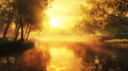 Golden Sunlight Filtering Through Trees onto a Misty Lake at Dawn or Dusk Landscape