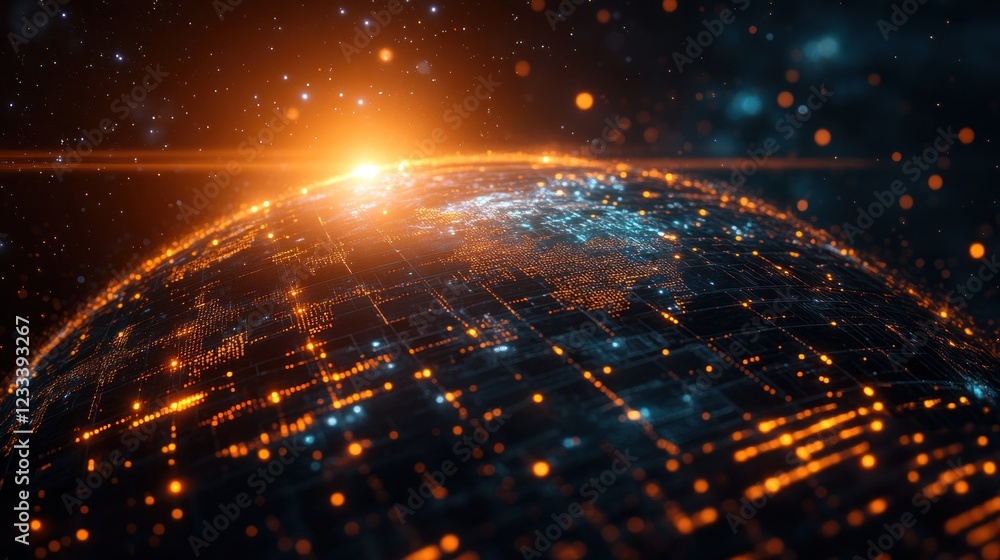 Poster illuminated globe with digital connections in modern setting