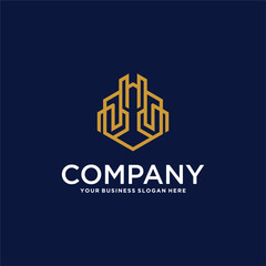 real estate logo design with house and building