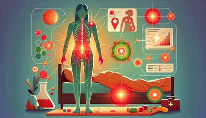 Medical infographics analyzing chronic pain in a woman's body, showing red zones and data related to her condition