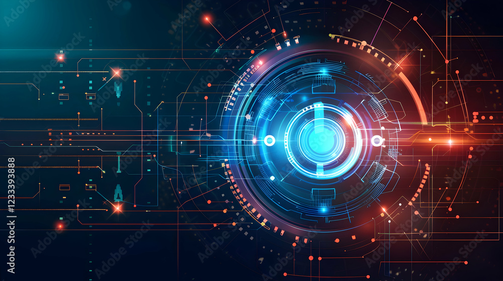 Poster abstract digital design featuring a circular interface with glowing lines and nodes.