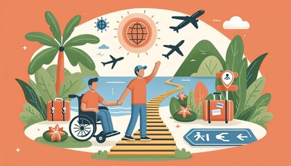 Travel planner creating accessible pathways for wheelchair user enjoying summer vacation