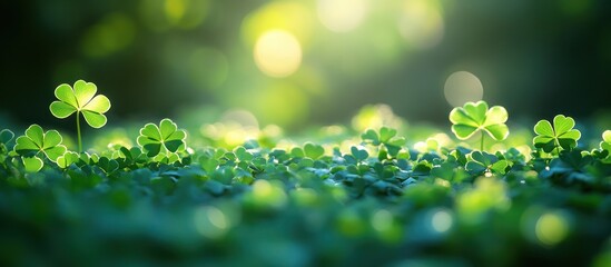 Sunlit clover field, bokeh background, spring