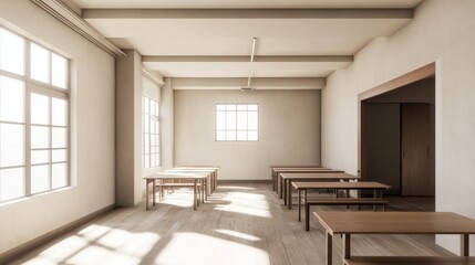 Bright and spacious classroom interior with wooden tables and natural light streaming in