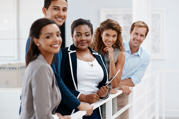 Fototapeta premium Staff, portrait and office diversity for support, collaboration and group of people in media agency. Employees, solidarity and manager with tablet for company mission, planning and united news team