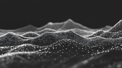 Abstract grayscale digital landscape with interconnected nodes.