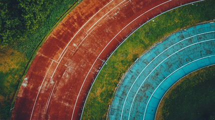 Aerial view of a colorful running track with vibrant red and blue lanes surrounded by lush greenery