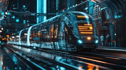 Fototapeta premium Futuristic High-Speed Train in Cityscape at Night