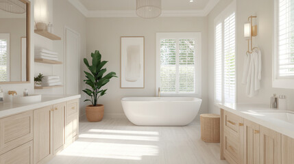 Fototapeta premium Modern bathroom with natural light, minimalist design, and greenery