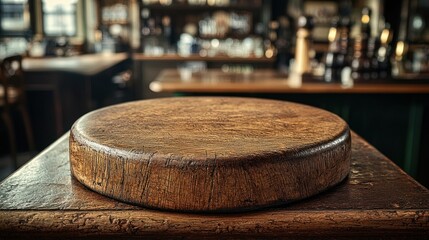 Empty wooden board on pub table, blurred bar background, product placement