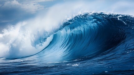 Majestic Curling Ocean Wave with Powerful Blue Hues and Foamy Crest