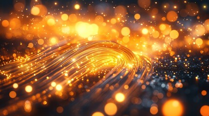 Fototapeta premium Golden fiber optic swirl, bokeh background, digital art, website banner