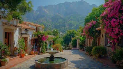 Mountain village street fountain flowers sunny day travel tourism