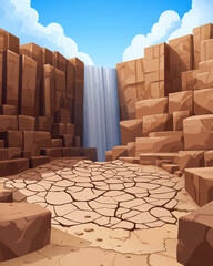 Obraz premium Dried up waterfall revealing barren rocks and cracked earth under blue sky