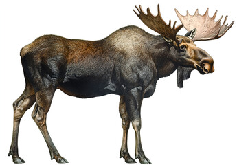Fototapeta premium Watercolor, realistic painting of a moose on a white background, depicting the full body of the animal, with no text. 