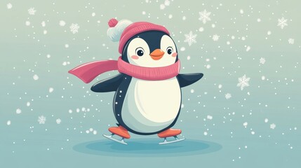 Cute penguin ice skate cartoon style