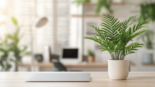 vibrant green plant in white pot adds refreshing touch to modern workspace, enhancing serene atmosphere with natural beauty and tranquility