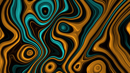 Swirling abstract patterns in turquoise and gold colors. Ideal for backgrounds, wall art, packaging, and digital designs with a vibrant touch.