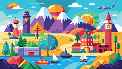 Craft Stunning Vector Landscapes of Iconic Travel Spots Featuring Beaches Mountains and Cities with Travel Themes