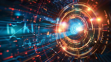 Abstract digital design featuring circular patterns and vibrant light effects.