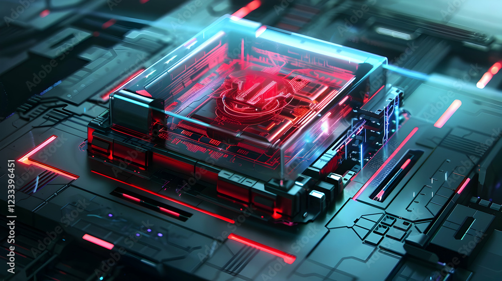 Poster a futuristic microchip with glowing elements, showcasing advanced technology.
