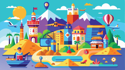 Obraz premium Craft Stunning Vector Landscapes of Iconic Travel Spots Featuring Beaches Mountains and Cities with Travel Themes