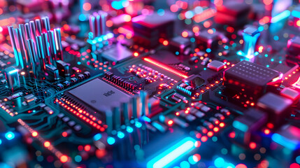 Close-up view of a vibrant circuit board with illuminated components and connections.