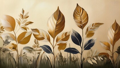Striking Beige Wall Mural Beautiful Leaves Against a Serene Background, Elevating the Ambiance of Your Room with Autumn Hues and Textures