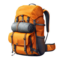 Camping backpack with rolled blanket and gear, isolated on transparent background.