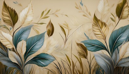 Stunning Mural Gorgeous Leaves in Vibrant Autumn Hues Against a Subtle Beige Backdrop, Perfect as Wallpaper for a Cozy Room Makeover