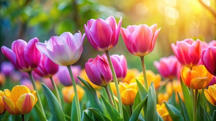Vibrant spring tulips in a garden, with petals of pink and yellow colors, surrounded by lush green leaves and stems , spring tulips flowers, colorful flowers