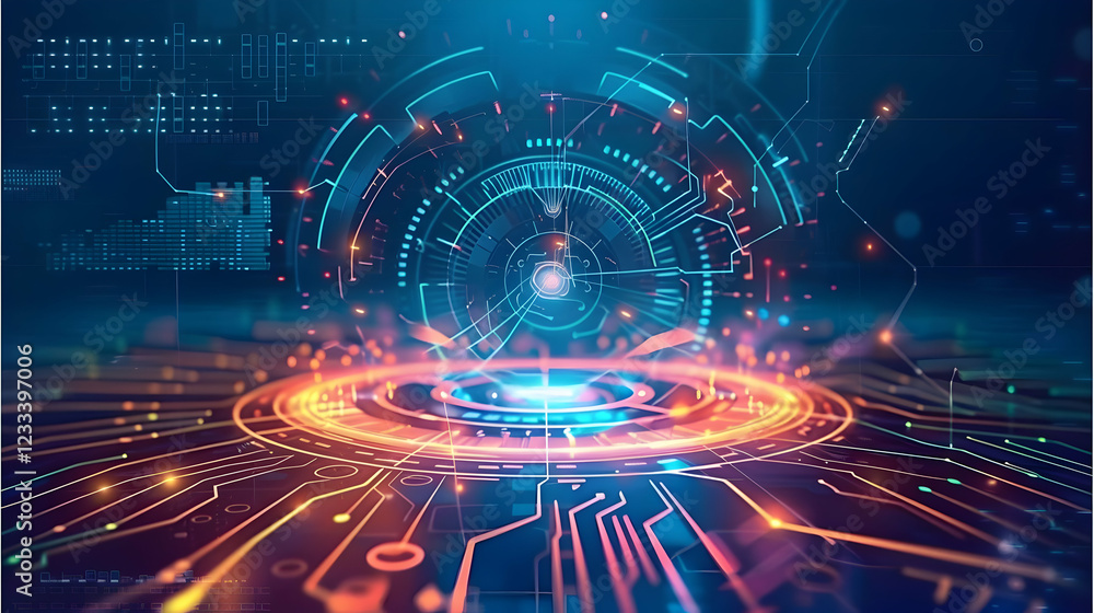 Poster abstract digital design featuring glowing circuits and futuristic elements.