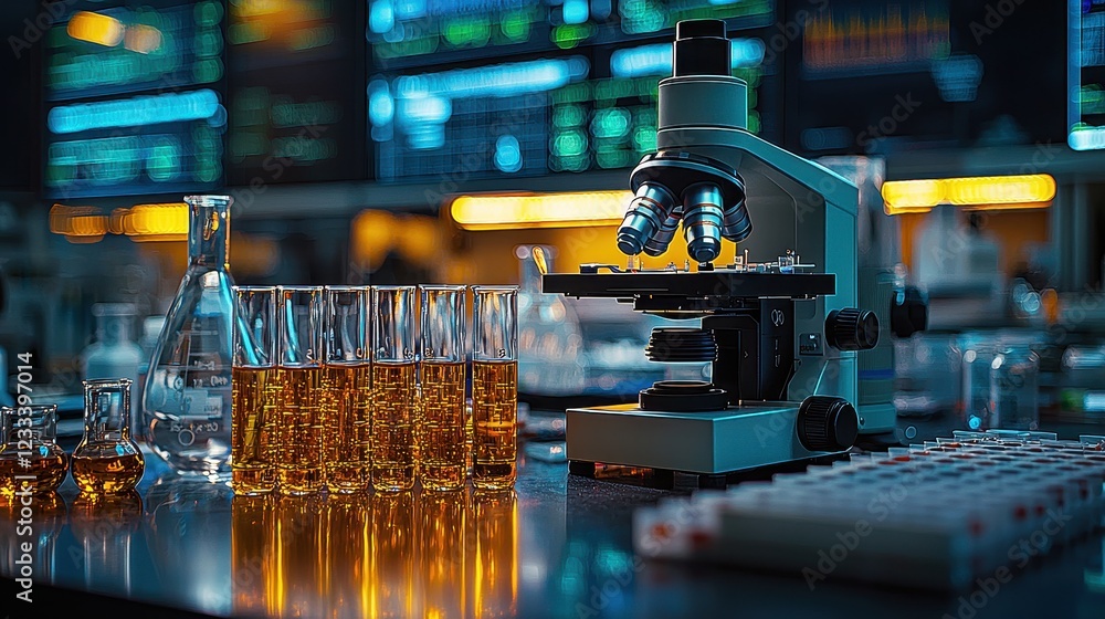 Poster laboratory setup with a microscope and test tubes for scientific analysis.