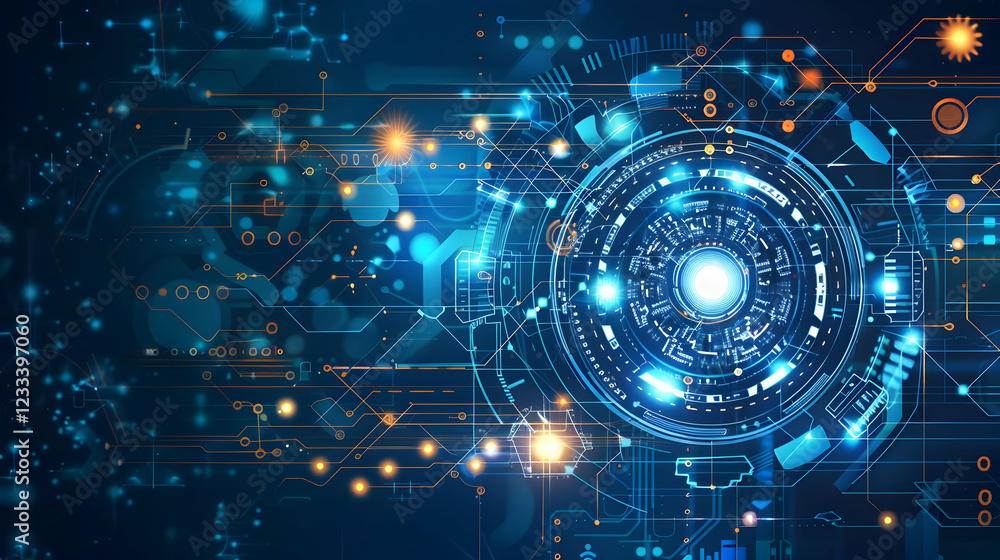 Poster abstract digital design featuring circuitry and a central glowing element.