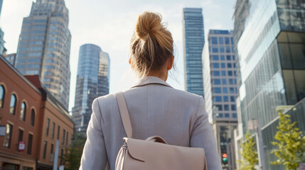 woman in business suit stands in urban setting, facing skyscrapers, with backpack on her shoulder, embodying sense of ambition and professionalism
