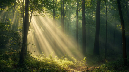 Obraz premium 光芒に包まれる森 – 朝日の輝きが描く神秘の世界