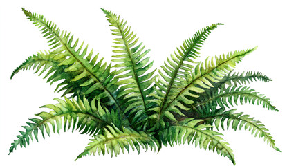 4 ferns, watercolor clipart on a white background, with defined edges. 