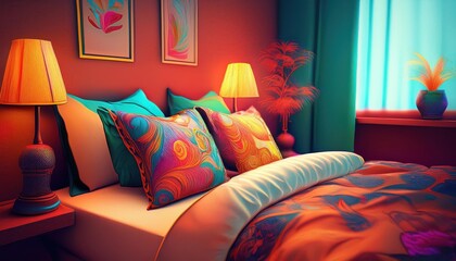 Comforting Scene of Evening Tranquility Plush Pillows Arranged on a Cozy Bed, Accompanied by a Warm Table Lamp in an Intimate Space