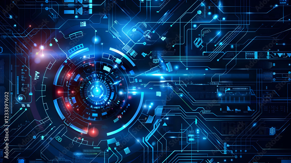 Poster abstract digital circuit design with glowing elements and futuristic patterns.