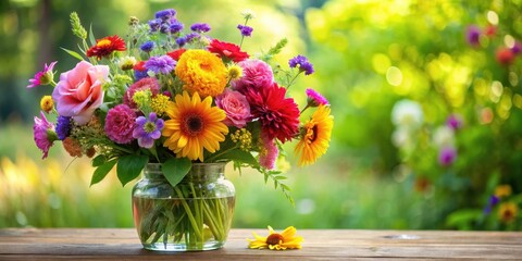 Vibrant floral arrangement in a glass vase , blossoms, garden flowers,  blossoms