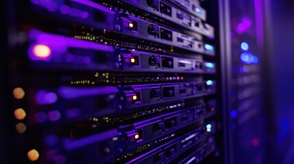 Naklejka premium Powerful Server Rack in Vibrant Purple Light Modern Data Center Technology