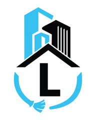 Initial Letter L Industrial Cleaning Logo Concept With Cleaning Brush and Building Symbol. Broom Sign