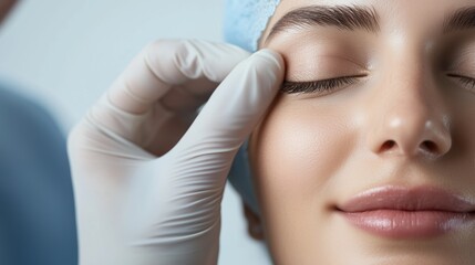 Surgical team in sterile medical setting, surgeon wearing protective gloves carefully preparing patient for delicate blepharoplasty eyelid cosmetic procedure