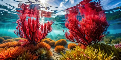Close-up View of Vibrant Red Seaweed on Coarse Sand