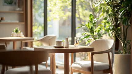 bright and inviting cafe interior featuring wooden tables, soft chairs, and lush greenery. Natural light streams through large windows, creating warm atmosphere