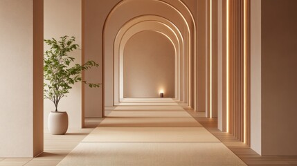 Fototapeta premium Serene minimalist hallway with arched doorways, tatami mats, and soft lighting.