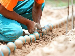 Gardening action community garden planting seeds outdoor environment close-up view sustainable agriculture