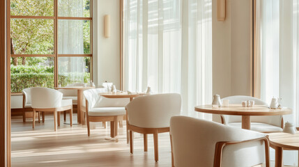 serene and modern cafe interior featuring light wood furniture, soft white upholstery, and large windows allowing natural light to fill space