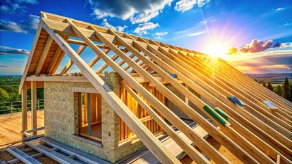 Obraz premium Construction Details of a New Frame House in the Morning Light