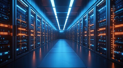 Futuristic Server Room Corridor Blue Orange Lights Technology Data Center